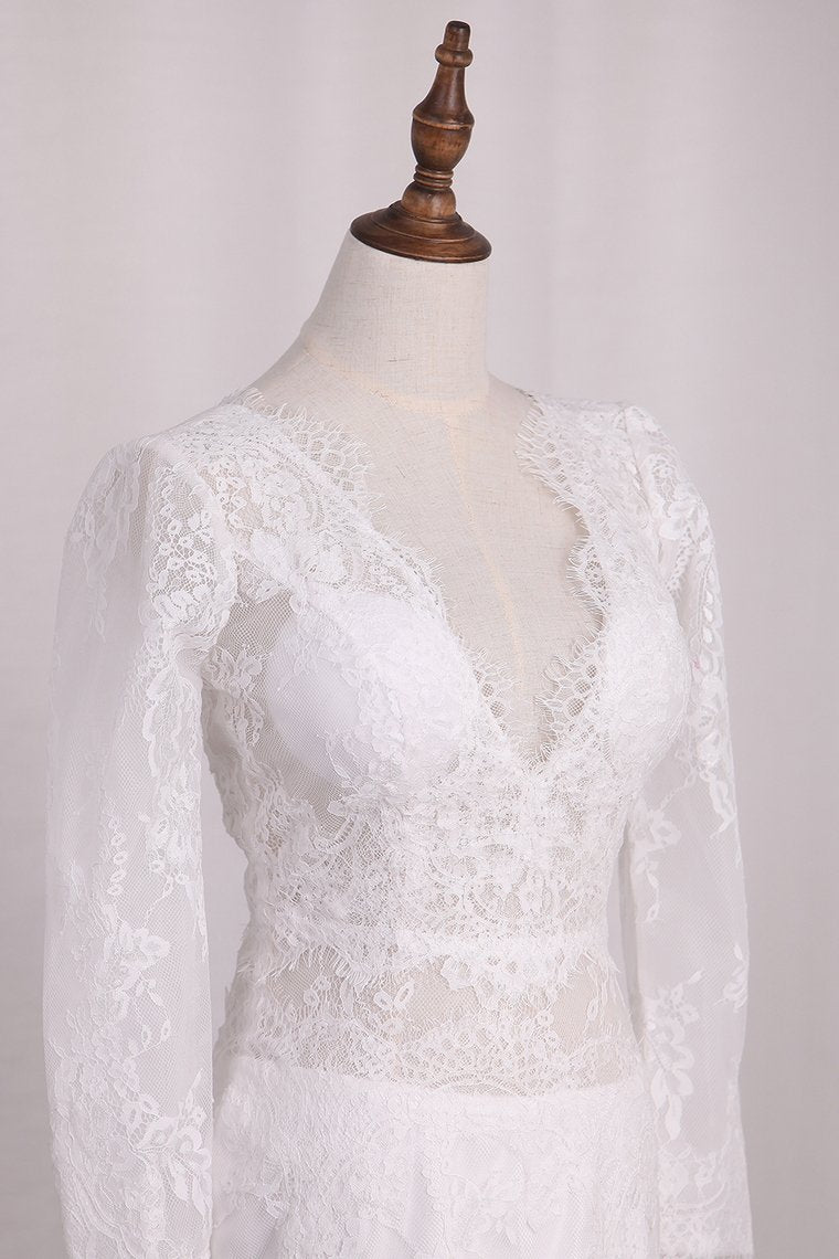 V Neck Long Sleeves Lace Mermaid Wedding Dresses Open Back Sweep Train