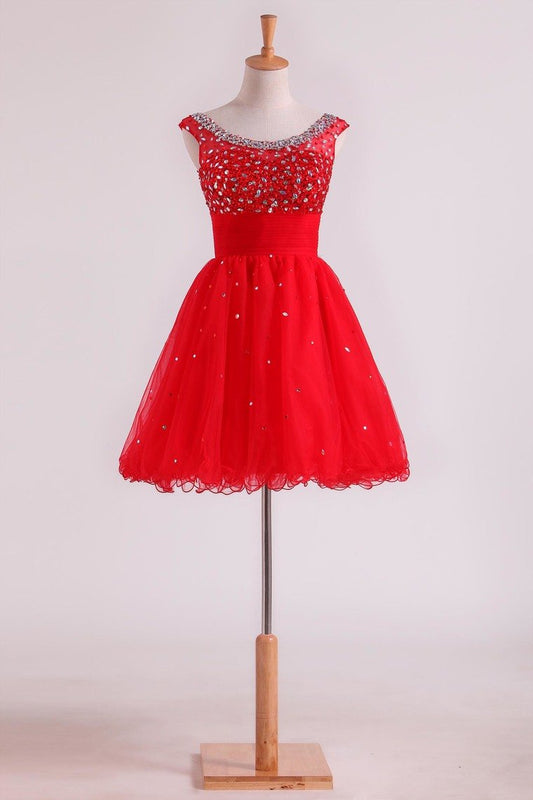 Bateau A Line Short/Mini Homecoming Dresses With Beads & Ruffles Open Back