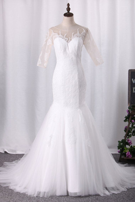 2024 Sexy Mermaid Wedding Dresses Scoop Half Sleeves Tulle With Applique Open Back