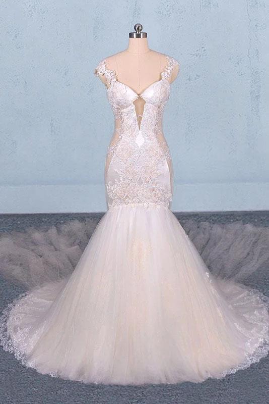 Charming Mermaid Tulle V-neck Wedding Dress, Sheer Back Long Bridal Dresses SRS15112