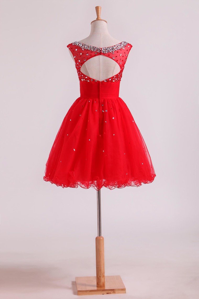 Bateau A Line Short/Mini Homecoming Dresses With Beads & Ruffles Open Back