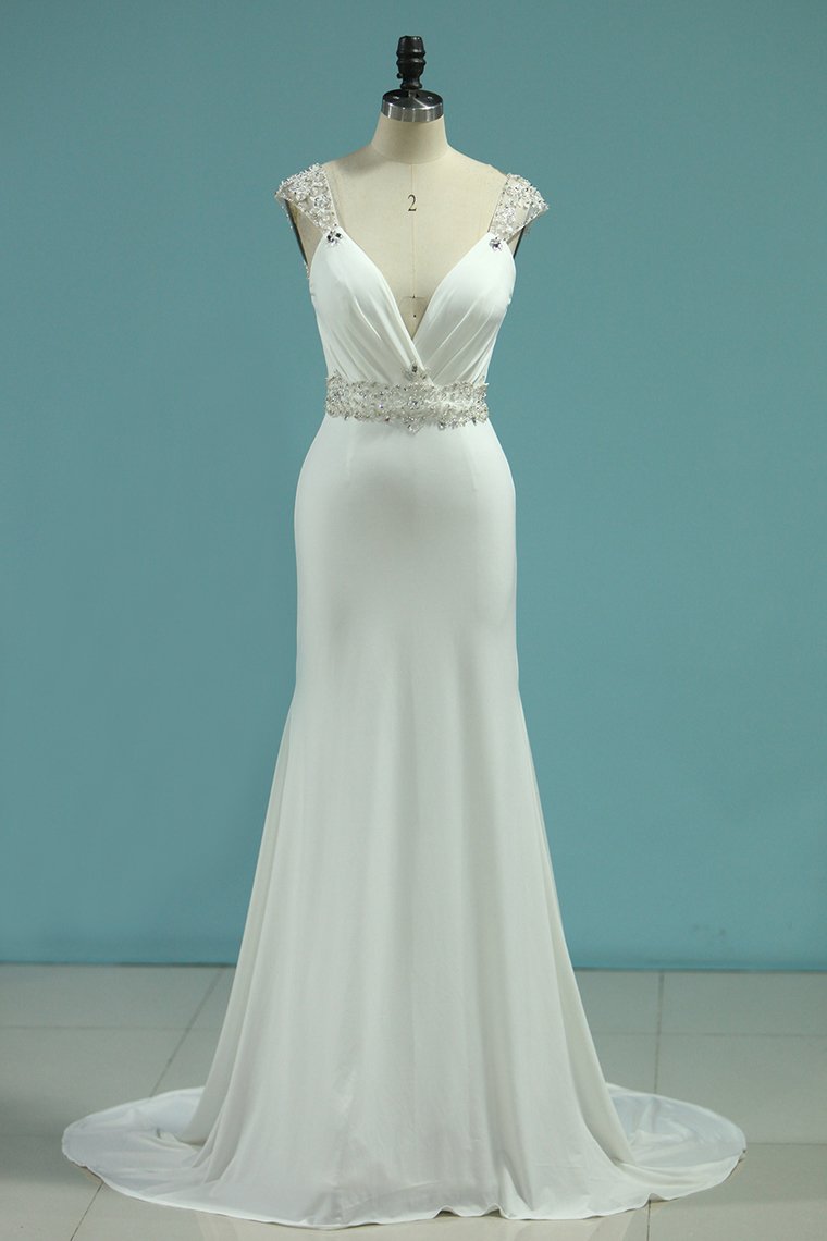 Sexy Open Back Straps Mermaid Wedding Dresses Spandex With Beading