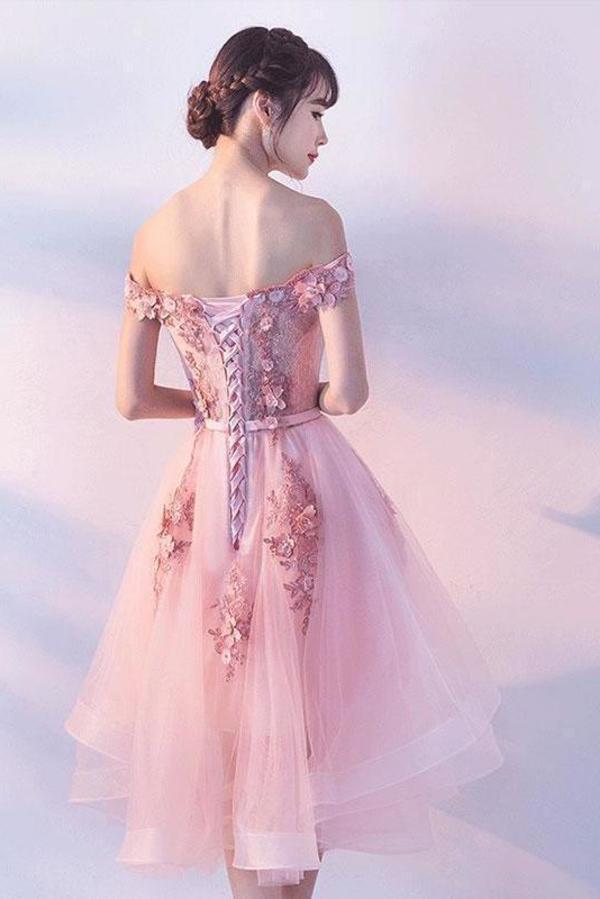 Pink Lace Tulle Short Prom Dress Off-the-Shoulder Appliques Lace up Homecoming Dresses SJSPST13190