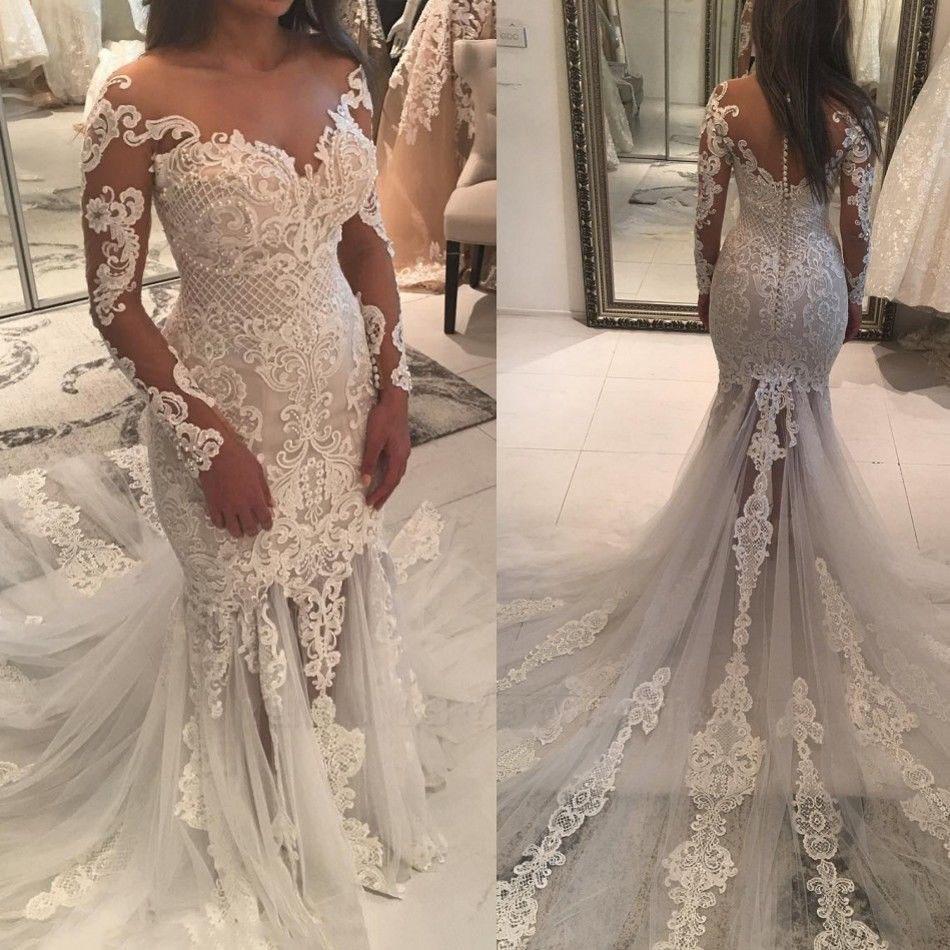 Long Sleeve Sparkly Mermaid V Neck Beads Wedding Dresses With Applique SRS15249