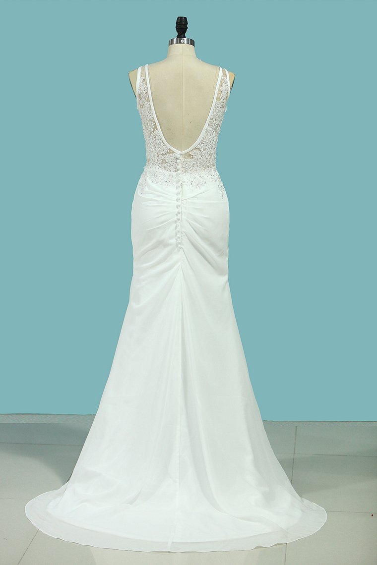 Wedding Dresses Mermaid V Neck Chiffon With Applique Open Back