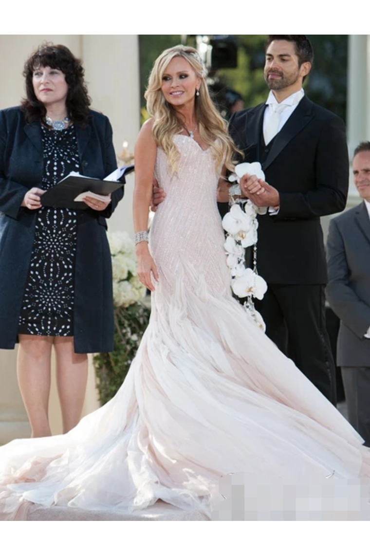 Sexy Sequins Mermaid Wedding Dress With Ruffles Luxurious Champagne Bridal Gown