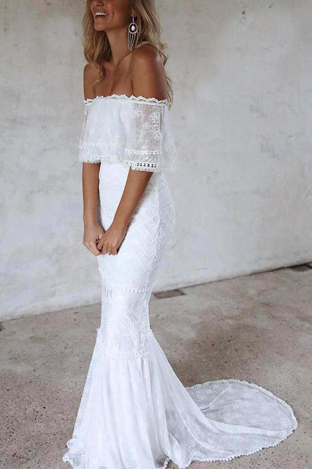 Elegant Mermaid Off the Shoulder Half Sleeve White Lace Beach Wedding Dresses JS779