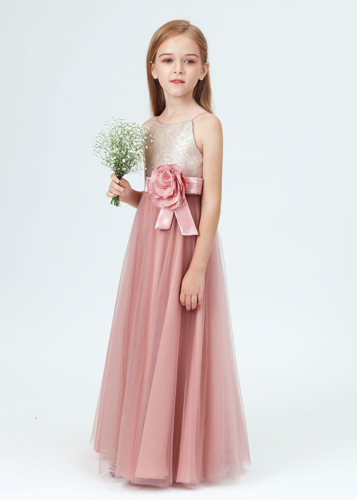 Spaghetti Strap Sequined Tulle Flower Girl Dresses With Flower Bow