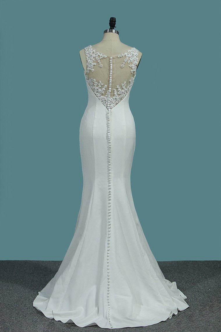 Scoop Spandex Mermaid Wedding Dresses With Applique And Beads Sweep Train