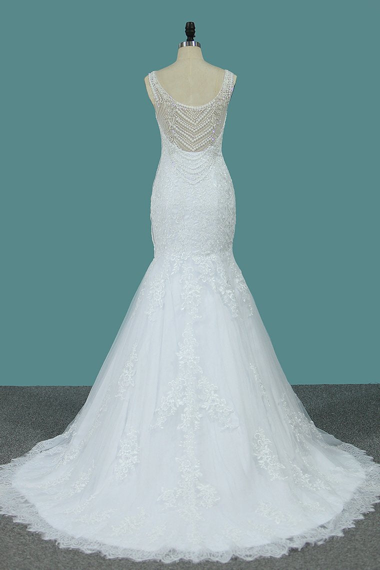 2024 New Arrival Wedding Dresses Scoop Mermaid Tulle With Applique And Beads