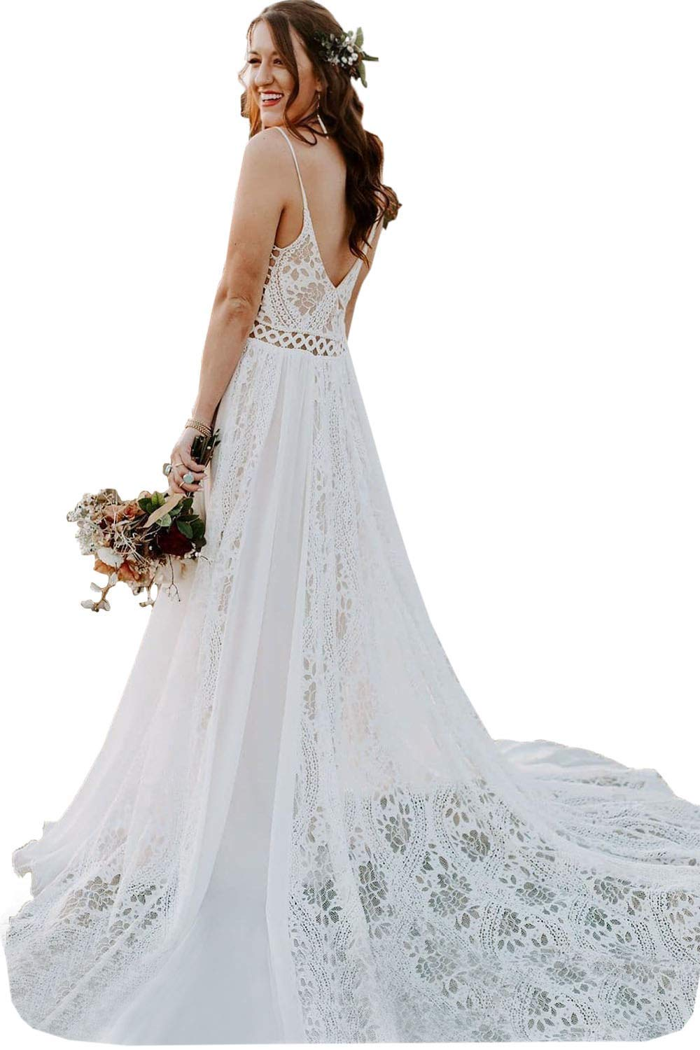 Long V-neck Backless Elegant Beach Lace Wedding Dresses