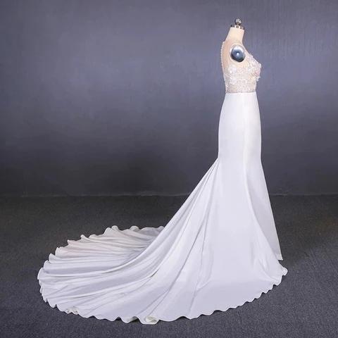 Mermaid Sheer Neck Mermaid Long Wedding Dress with Appliques, Wedding Gowns SRS15265