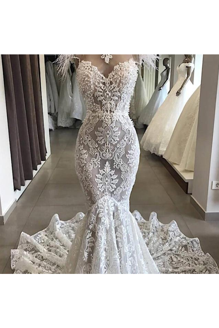 Luxury Lace Mermaid Wedding Dress With Train Sexy Open Back Pearls Wedding SRSPE5AS8YA