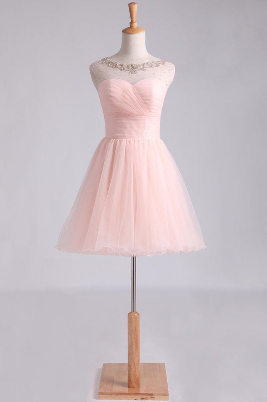 Bateau Homecoming Dresses A Line Short/Mini With Beads And Ruffles