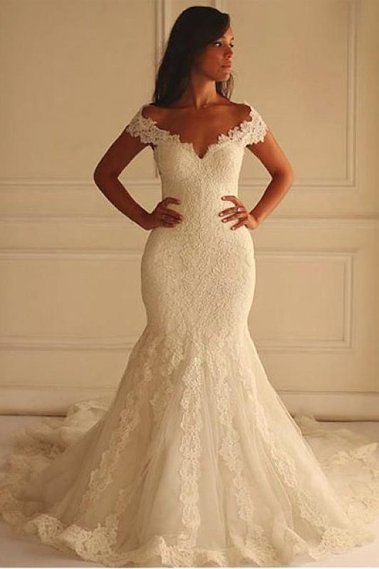 2024 Off The Shoulder Tulle With Applique Court Train Mermaid Wedding Dresses