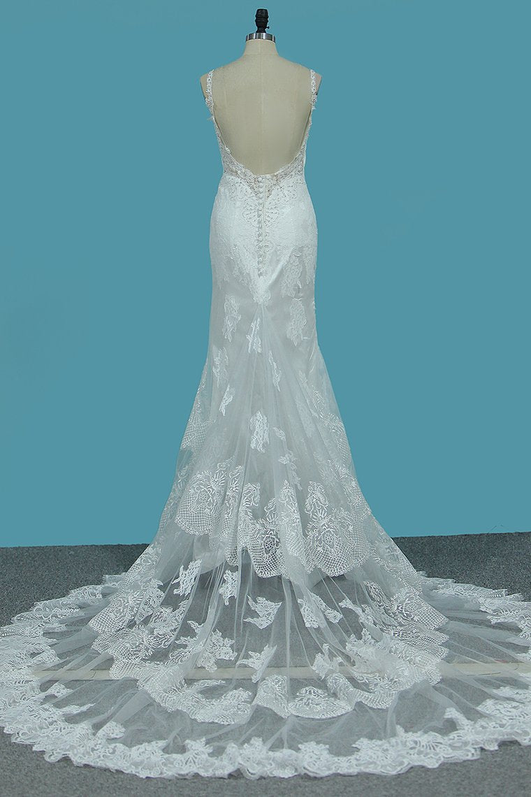 Spaghetti Straps Mermaid Wedding Dresses Tulle With Beads&Appliques Open Back