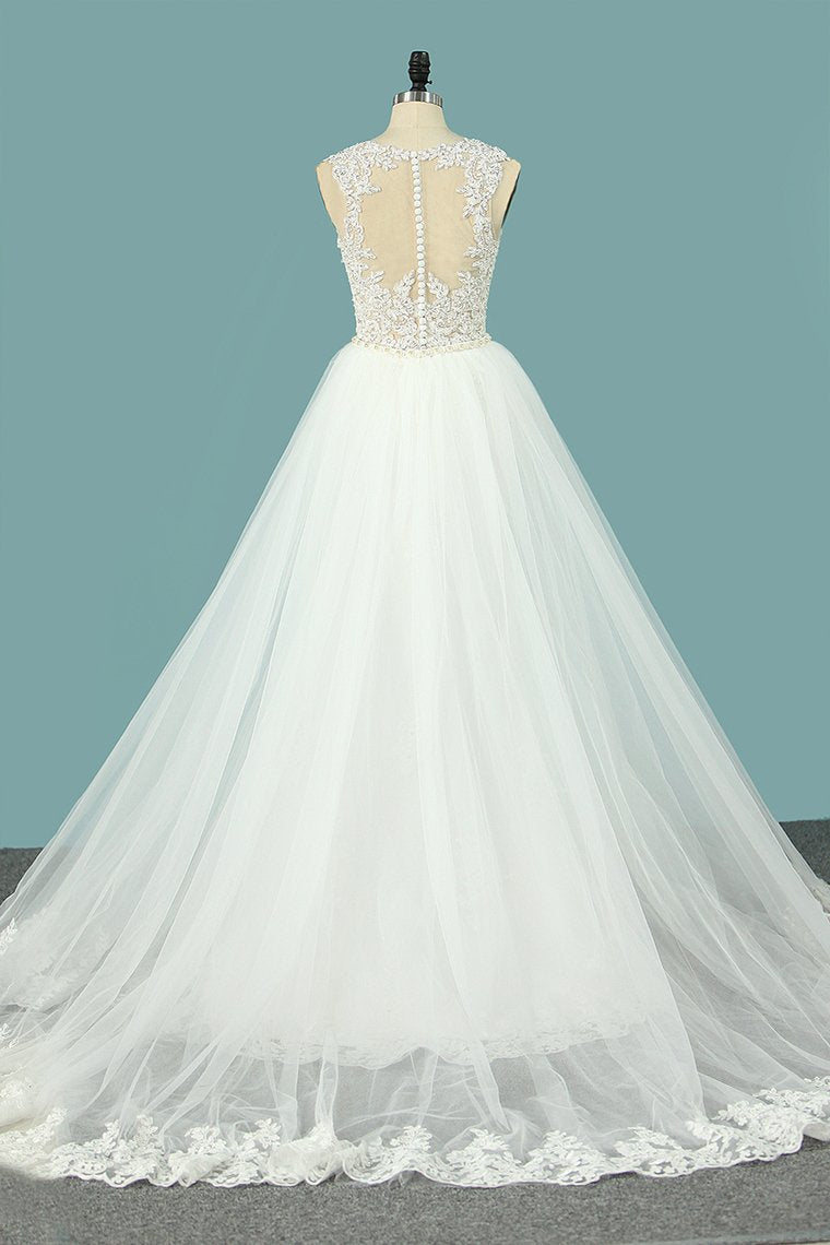 Mermaid Wedding Dresses Scoop Tulle With Applique Court Train Detachable