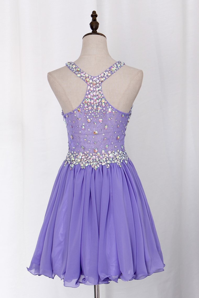 Delicate Short/Mini Halter A Line/Princess Homecoming Dresses Lace&Chiffon Beaded Bodice