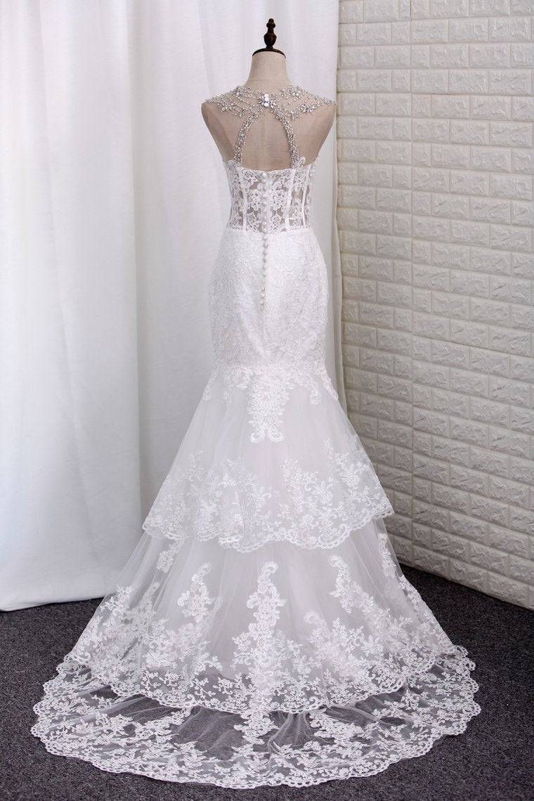 2024 Mermaid Wedding Dresses Tulle Spaghetti Straps With Applique Court Train