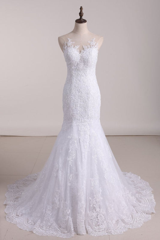 Court Train Scoop Mermaid Wedding Dresses Tulle With Applique