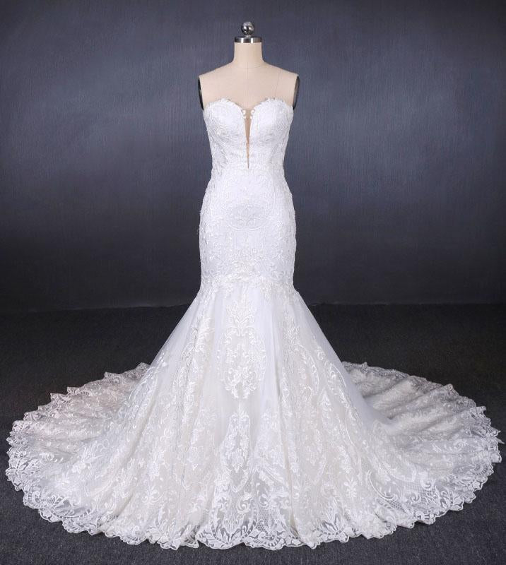 Charming Strapless Sweetheart Mermaid Lace Appliques White Wedding Dresses SRS15128