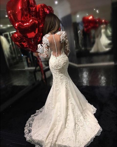 Sexy Long Sleeve Lace Mermaid Charming Chapel Trailing Wedding Dress