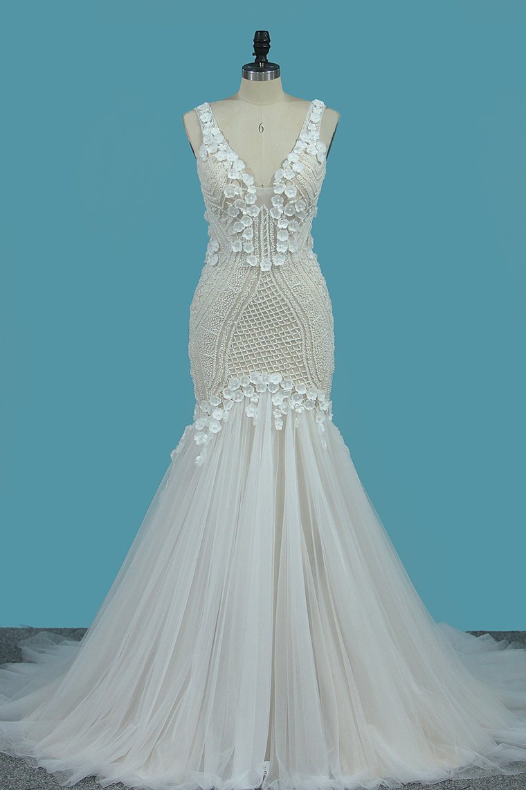 Mermaid Wedding Dresses Straps Tulle With Applique And Beads