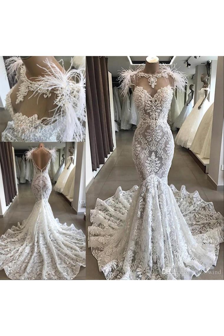 Luxury Lace Mermaid Wedding Dress With Train Sexy Open Back Pearls Wedding SRSPE5AS8YA