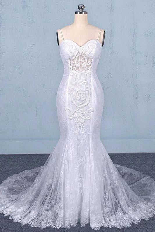 Charming Mermaid Spaghetti Straps Ivory Sweetheart Wedding Dresses with Applique SRS15109