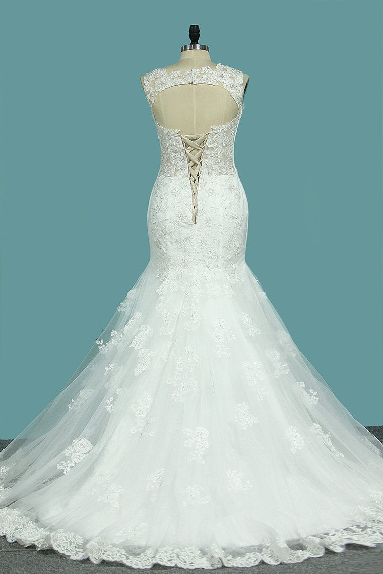 Mermaid/Trumpet V Neck Wedding Dresses Court Train Tulle With Applique Lace Up Back