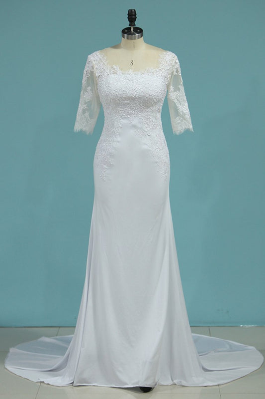 2024 Scoop 3/4 Length Sleeves Wedding Dresses Mermaid Chiffon With Applique