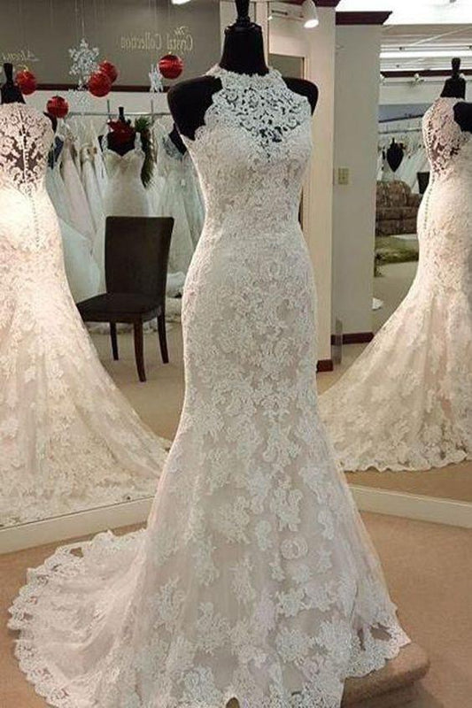 Sexy Halter Mermaid Lace-up Sleeveless Lace Wedding Dress JS361