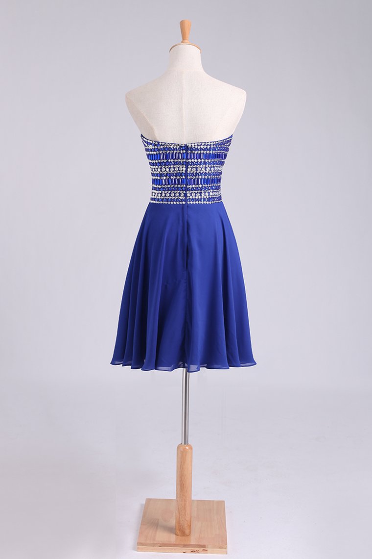 A Line Short/Mini Strapless Dark Royal Blue Chiffon Homecoming Dresses With Rhinestone