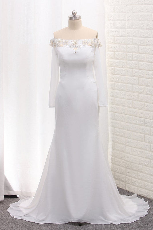 Long Sleeves Chiffon Off The Shoulder Mermaid Wedding Dresses With Beading