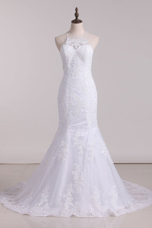 2024 Halter Mermaid Wedding Dresses With Applique Tulle Chapel Train