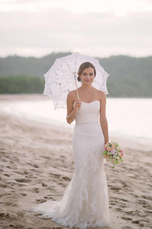 Subtle Sweetheart Strapless Lace Mermaid White Sleeveless Tulle Beach Wedding Dresses JS278