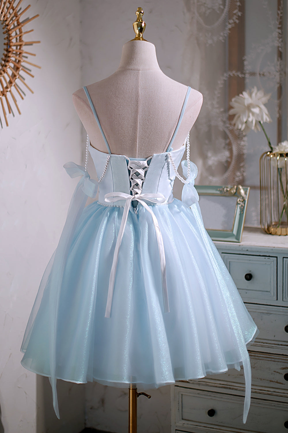 Cute Sky Blue Beading Bowknot Short Princess Homecoming Dresses