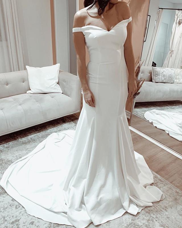 Off the Shoulder Mermaid Ivory V Neck Simple Wedding Dresses