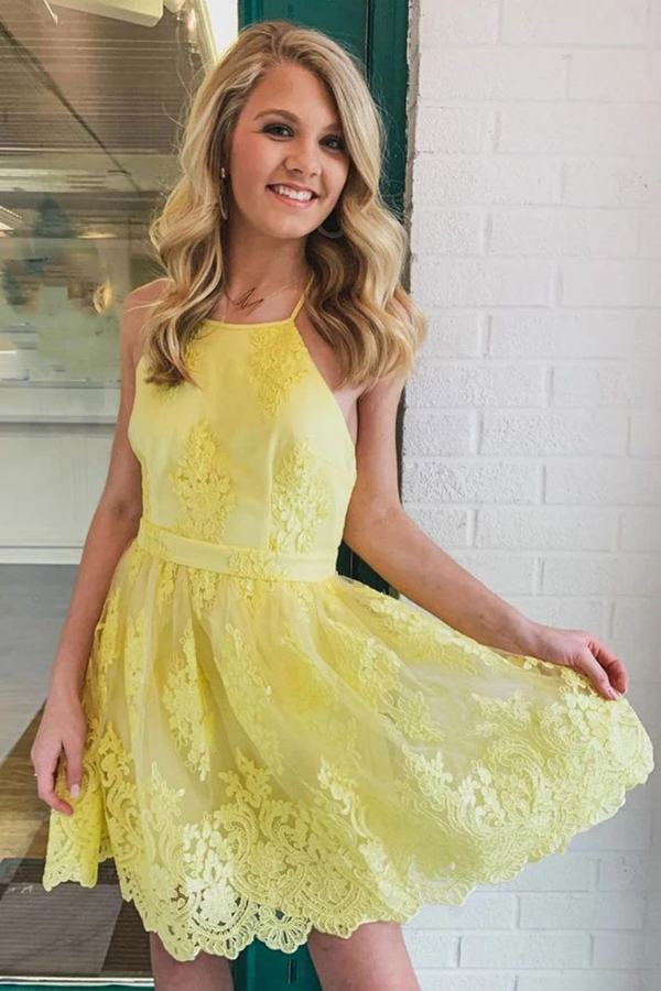 Backless Short Lace Appliques Prom Dresses,A Line Yellow Graduation Homecoming Dresses,Cocktail Dress