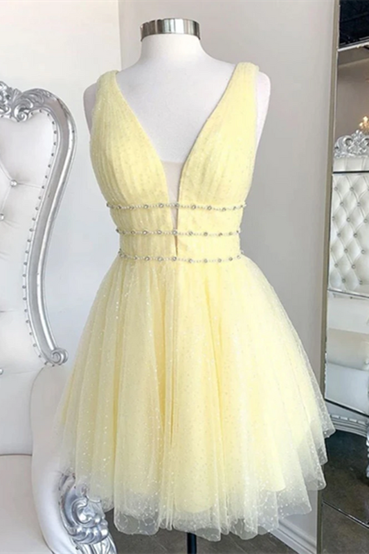 Cute yellow v neck tulle beads short prom dress yellow homecoming dress,cocktail dress