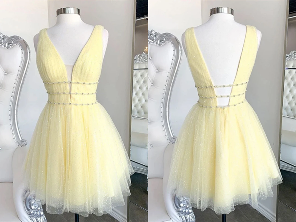 Cute yellow v neck tulle beads short prom dress yellow homecoming dress,cocktail dress