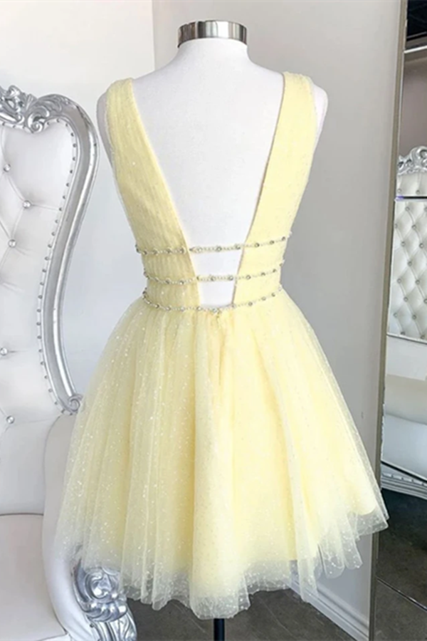 Cute yellow v neck tulle beads short prom dress yellow homecoming dress,cocktail dress