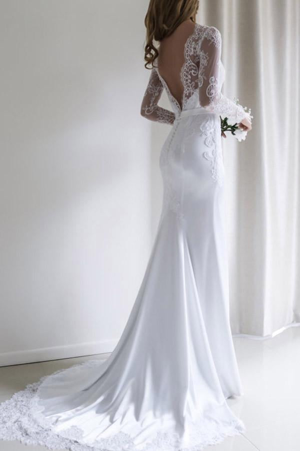 Elegant Lace Long Sleeves Mermaid Backless White Long Wedding Dress with Train JS164