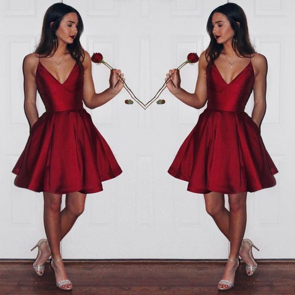 Burgundy Satin A-line V-neck Spaghetti Strap Homecoming Dress,Cocktail Dresses