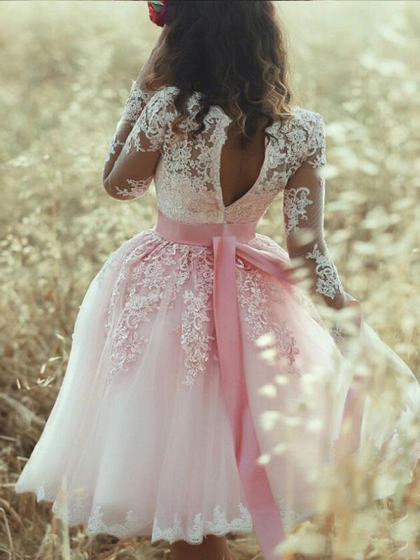 A-Line Pink Long Sleeves Sweetheart Lace Tulle Short Mini Homecoming Dresses JS575