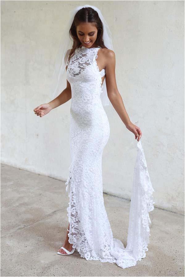 Sheath White Mermaid Round Neck Sweep Train Open Back Lace Wedding Dress with Split JS26