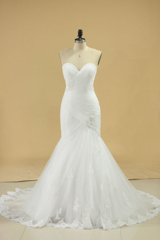 Tulle Sweetheart Ruched Bodice Wedding Dresses With Applique Mermaid