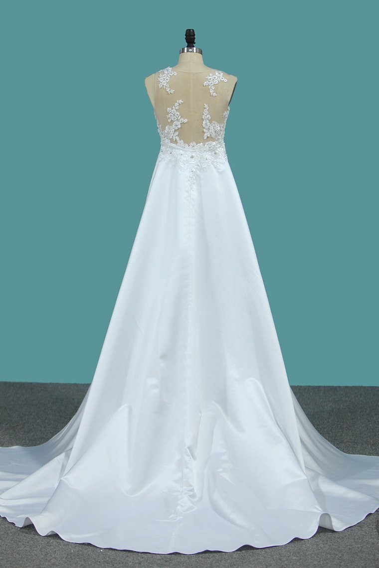 Satin Mermaid Scoop Court Train Detachable Wedding Dresses With Applique