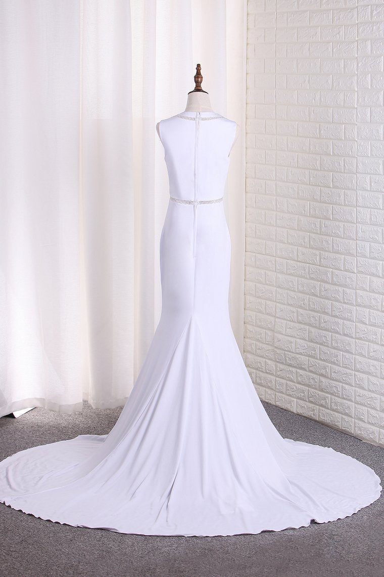 New Arrival Mermaid Scoop Wedding Dresses With Beads Sweep Train