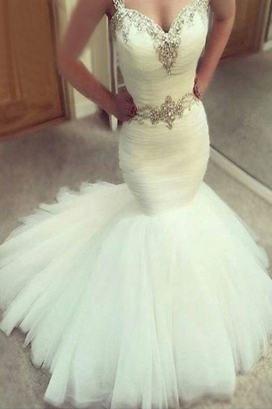 Sweetheart Mermaid Wedding Dresses Straps Beaded Belt Ruffles Tulle